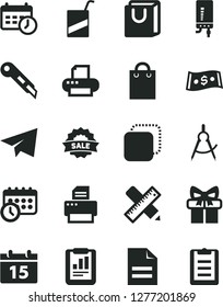 Solid Black Vector Icon Set - paper airplane vector, scribbled, e, writing accessories, stationery knife, electronic boiler, calendar, bag with handles, copy, scribed compasses, statistical report