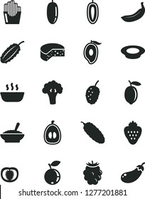 Solid Black Vector Icon Set - cheese vector, a bowl of buckwheat porridge, hot, plate milk, cucumber, fried potato slices, strawberry, blackberry, blueberry, tasty mulberry, half mango, date fruit