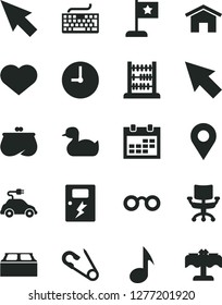Solid Black Vector Icon Set - heart symbol vector, calendar, keyboard, open pin, rubber duck, abacus, building block, dangers, home, wall clock, electric car, location, purse, note, chair, cursor