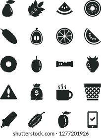 Solid Black Vector Icon Set - warning vector, wicker pot, construction level, cucumber, cup of tea, pear, strawberry, slice water melon, half loquat, ripe plum, passion fruit, kiwi, lemon, pineapple