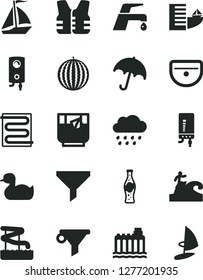 Solid Black Vector Icon Set - rubber duck vector, rainy cloud, sink, heating coil, faucet mixer, boiler, electronic, umbrella, a glass of tea, bottle soda, water melon, hydroelectricity, filter