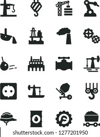 Solid Black Vector Icon Set - tower crane vector, hook, winch, gears, concrete mixer, helmet, star gear, core, sea port, oil derrick, working, valve, manufacture, power socket, industrial factory