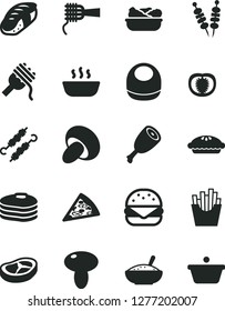 Solid Black Vector Icon Set - baby bib vector, fried vegetables on sticks, piece of pizza, big burger, spaghetti, noodles, mushroom, porcini, pie, a bowl rice porridge, hot, lettuce in plate, bacon