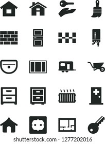 Solid Black Vector Icon Set - house vector, bedside table, dwelling, brickwork, building trolley, window frame, wooden paint brush, sink, lay out of flat, power socket type f, interroom door, camper