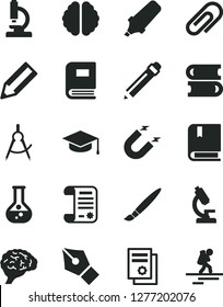 Solid Black Vector Icon Set - tassel vector, clip, graphite pencil, e, books, square academic hat, flask, magnet, scribed compasses, text highlighter, research article, scientific publication, brain