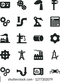 Solid Black Vector Icon Set - cogwheel vector, sewerage, water pipes, manufacture, factory, power line, industrial building, gear, gears, tower crane, pipe, robot welder, calipers, three, resistor