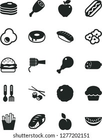 Solid Black Vector Icon Set - iron fork spoons vector, sausage, Hot Dog, burger, noodles, cake, with a hole, chicken leg, thigh, cabbage, French fries, Chinese chopsticks, sushi, japanese, popcorn