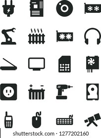 Solid Black Vector Icon Set - camera vector, cordless drill, power socket type b, headphones, battery, plug, assembly robot, SIM, cast iron radiator, mobile phone, mouse, keyboard, pc supply, hdd