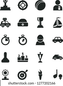 Solid Black Vector Icon Set - stopwatch vector, bath ball, motor vehicle, present, warm hat, pedestal, racer, retro car, flame torch, winner podium, cup, gold, pawn, man with medal, pennant, target