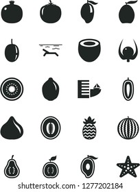 Solid Black Vector Icon Set - pomegranate vector, fig, water melon, mango, half of, loquat, passion fruit, sweet date, lime, kiwi, guawa, coconut, pineapple, part guava, physalis, persimmon, hotel