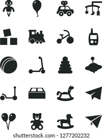 Solid Black Vector Icon Set - paper airplane vector, toys over the cradle, bath ball, stacking rings, motor vehicle present, toy mobile phone, teddy bear, children's train, yule, rocking horse