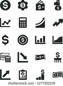 Solid Black Vector Icon Set - growth up vector, graph, chart, negative, calculation, statistical overview, denomination of the dollar, calculator, money bag hand, coin, pedestal, column, gear
