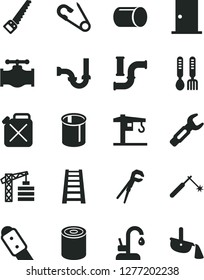 Solid Black Vector Icon Set - open pin vector, iron fork spoons, crane, tower, adjustable wrench, arm saw, stepladder, sewerage, ntrance door, knife, kitchen faucet, tin, valve, water pipes, pipe