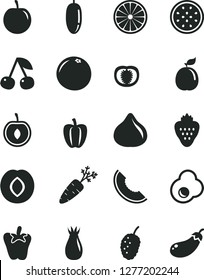 Solid Black Vector Icon Set - peper vector, fried egg, strawberry, cherry, plum, rose hip, fig, tasty mulberry, slice of melon, date fruit, half, passion, orange, guava, grapefruit, tomato, carrot