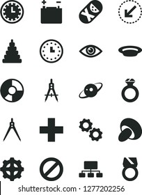 Solid Black Vector Icon Set - prohibition vector, clock face, plus, stacking toy, tumbler, left bottom arrow, eye, porcini, plate, accumulator, gear, Measuring compasses, scheme, ring diagram, gears