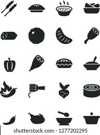 Solid Black Vector Icon Set - deep plate with a spoon vector, sausage, canned goods, noodles, pie, apple, bowl of buckwheat porridge, in saucepan, lettuce, chicken, thigh, grill leg, barbecue, red