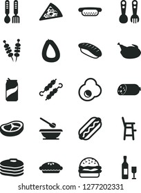 Solid Black Vector Icon Set - plates and spoons vector, a chair for feeding child, plastic fork, iron, sausage, stick of, fried vegetables on sticks, piece pizza, Hot Dog, mini, burger, pie, chicken