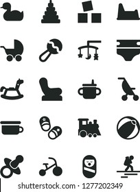 Solid Black Vector Icon Set - toys over the cradle vector, dummy, mug for feeding, diaper, beanbag, Baby chair, stroller, summer, rubber duck, bath ball, stacking toy, roly poly doll, train