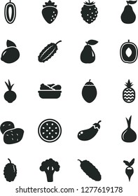 Solid Black Vector Icon Set - lettuce in a plate vector, cucumber, beet, pineapple, pear, raspberry, tasty, mulberry, delicious plum, sweet date fruit, yellow lemon, half of passion, tamarillo