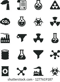 Solid Black Vector Icon Set - round flask vector, manufacture, factory, oil, barrel, industrial building, radiation, carbon dyoxide, filter, water, research article, molecule, nuclear, biohazard