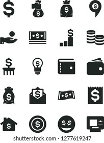 Solid Black Vector Icon Set - purse vector, coins, denomination of the dollar, financial item, catch a coin, wallet, dollars, cash, money bag hand, mortgage, pedestal, column, idea, eyes, mail, pin