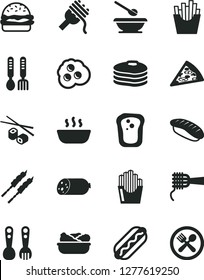 Solid Black Vector Icon Set - plates and spoons vector, plastic fork, iron, sausage, piece of pizza, Hot Dog, burger, spaghetti, noodles, porridge, lettuce in a plate, barbecue, French fries, cafe
