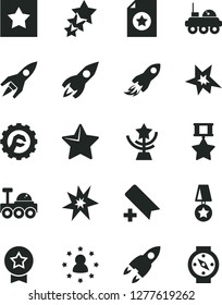 Solid Black Vector Icon Set - add bookmark vector, star gear, rocket, space, lunar rover, bang, cup, medal, hero, certificate, stars around man, three, compass