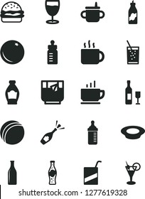 Solid Black Vector Icon Set - mug for feeding vector, bottle, measuring, bath ball, e, coffee, burger, a plate of milk, cup tea, glass soda, orange, liquor, wine, champagne, cocktail