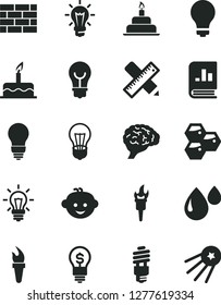 Solid Black Vector Icon Set - matte light bulb vector, children's hairdo, cake, birthday, brickwork, writing accessories, honeycombs, drop, energy saving, book on statistics, brain, flame torch