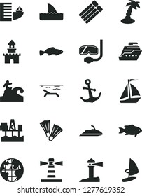 Solid Black Vector Icon Set - anchor vector, small fish, commercial seaport, lighthouse, coastal, planet, sand castle, sail boat, hotel, beach, palm tree, flippers, diving mask, surfing, jet ski