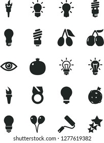 Solid Black Vector Icon Set - matte light bulb vector, colored air balloons, new roller, saving, eye, pomegranate, cornels, tasty, energy, flame torch, flag on moon, gold ring, three stars