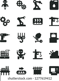 Solid Black Vector Icon Set - crane vector, winch hook, gears, concrete mixer, cordless drill, industrial enterprise, conveyor, production, canister of oil, cloth industry, tower, robot welder, atm