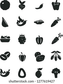 Solid Black Vector Icon Set - stick of sausage vector, slices onion, lettuce in a plate, cabbage, chili, peper, garlic, carrot, coffee beans, quince, blackberry, goji berry, Bell pepper, ripe, red