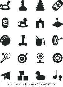 Solid Black Vector Icon Set - paper airplane vector, rubber duck, bath ball, stacking rings, roly poly doll, tumbler, children's sand set, yule, rocking horse, small, cubes for children, joystick