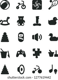 Solid Black Vector Icon Set - loudspeaker vector, rubber duck, baby duckling, bath ball, stacking rings, toy, roly poly doll, sand set, children's, small teddy bear, rocking horse, child bicycle