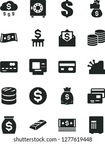 Solid Black Vector Icon Set - dollar vector, strongbox, cards, coins, reverse side of a bank card, front the, column, money, dollars, cash, cashbox, gold bar, bag hand, rain, mail, atm, safe
