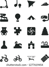 Solid Black Vector Icon Set - stacking rings vector, small teddy bear, box of bricks, child bicycle, Kick scooter, Puzzle, Puzzles, pawn, air balloon, hang glider, bike, tent, beach, pool, aquapark
