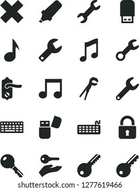 Solid Black Vector Icon Set - repair key vector, cross, adjustable wrench, door knob, lock, music, text highlighter, keyboard, usb flash, note, arm with