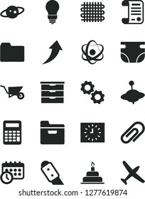 Solid Black Vector Icon Set - clip vector, folder, storage unit, nappy, yule, birthday cake, building trolley, bulb, knife, weaving, research article, black clock, schedule, atom, gears, calculator