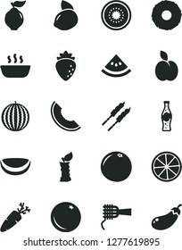 Solid Black Vector Icon Set - noodles vector, hot porridge, barbecue, carrot, bottle of soda, apple, orange, quince, raspberry, water melon, slice, yellow lemon, half kiwi, piece coconut, pineapple