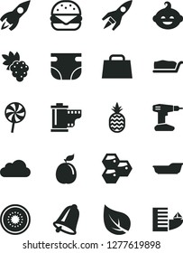 Solid Black Vector Icon Set - camera roll vector, nappy, bath, funny hairdo, drill, bell, big burger, cake slice, lollipop, a pineapple, honeycombs, grape, half of kiwi, guava, leaf, rocket, cloud