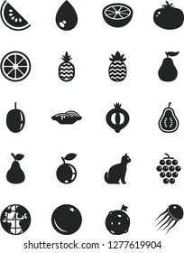 Solid Black Vector Icon Set - drop vector, slices of onion, tomato, a pineapple, pear, orange, large grape, half medlar, blueberry, slice water melon, passion fruit, juicy lemon, grapefruit, part