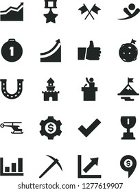 Solid Black Vector Icon Set - check mark vector, growth chart, thumb up, graph, award, arrow, motivation, flag on moon, first place medal, hero, mine axe, cross flags, dollar gear, speaker, luck