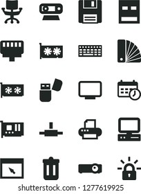 Solid Black Vector Icon Set - color samples vector, computer, keyboard, pc card, gpu, monitor, web camera, usb, printer, flash, browser, connect, trash bin, floppy, lan connector, projector, chair