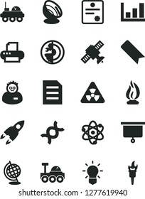 Solid Black Vector Icon Set - bookmark vector, printer, file, atom, nuclear, dna, bulb, satellite, globe, flame, scientist, growth graph, earth core, antenna, rocket, lunar rover, presentation board