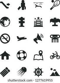 Solid Black Vector Icon Set - earth vector, plane, bike, escalator, passenger, boungalow, beach, restaurant, hotel, tennis, map, no smoking sign, signpost, loudspeaker, handwheel, lifebuoy, column