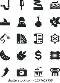 Solid Black Vector Icon Set - keyboard vector, drumroll, color samples, siphon, camera, popsicle, slice of tangerine, onion, racer, weaving, gas welding, denomination the dollar, research article