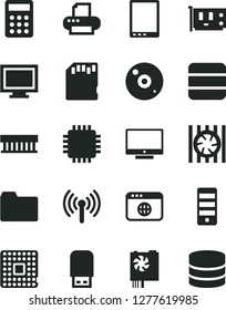 Solid Black Vector Icon Set - monitor window vector, folder, screen, processor, calculator, tablet pc, radiator fan, power supply, tower, cpu, card, cd, printer, usb flash, browser, wireless, sd