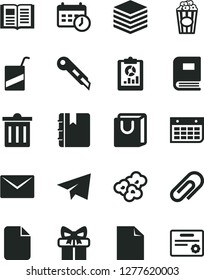Solid Black Vector Icon Set - clip vector, bin, paper airplane, clean sheet of, e, stationery knife, envelope, book, notebook, pile, bag with handles, popcorn, cup, statistical overview, gift, file