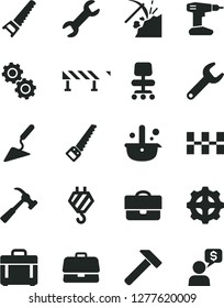 Solid Black Vector Icon Set - hook vector, building trowel, drill, hand saw, arm, ceramic tiles, road fence, hammer, with claw, case, coal mining, gear, repair key, metallurgy, portfolio, briefcase